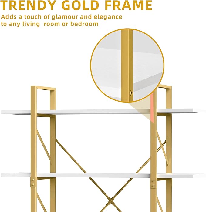 DWVO 5 Tier Gold Bookshelf, 70.9" Tall Book Shelf and Bookcase, Vintage Large Open Storage Rack Shelves for Living Room/Bedroom/Home/Office, Gold & White