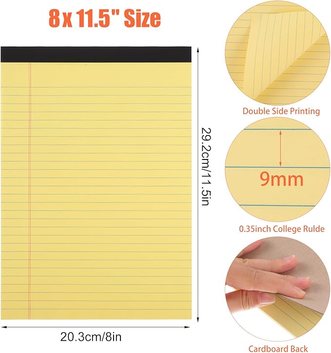 8 Pack Colored Legal Pads, Totally 400 Sheets Legal Pads 8 x 11.5inch College Ruled Writing Pads Wide Ruled Paper for Office, School, College, Professional