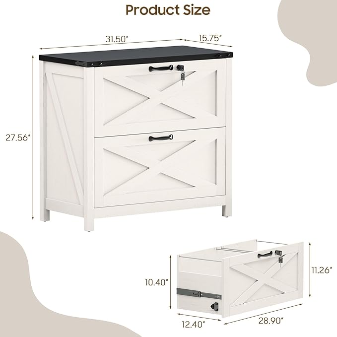 Farmhouse File Cabinet, Lateral Filing Cabinet with 2 Drawers with Lock for Letter/A4 Size Hanging Files, Large Wooden Printer Stand File Storage Cabinet for Home Office, White and Black