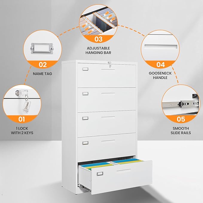 5 Drawer Lateral File Cabinet with Lock, Metal Filing Cabinets for Home Office, Wide Locking File Caninets, White Office Storage Cabnet for Hanging Letter/Legal / A4 / F4 - Assembly Required