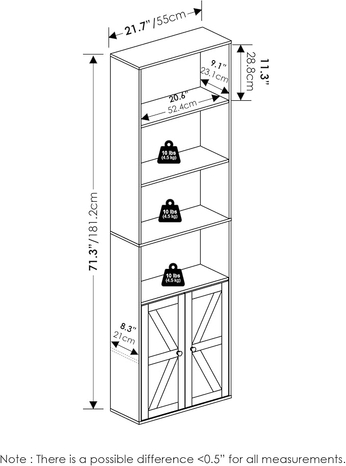 Furinno Jensen Book Shelf, 6-Tier Farmhouse Bookshelf, Display Bookcase with Doors, 9.2" x 21.6" x 71.2", for Organization and Storage, for Living Room, Bedroom, Home Office, Amber Pine