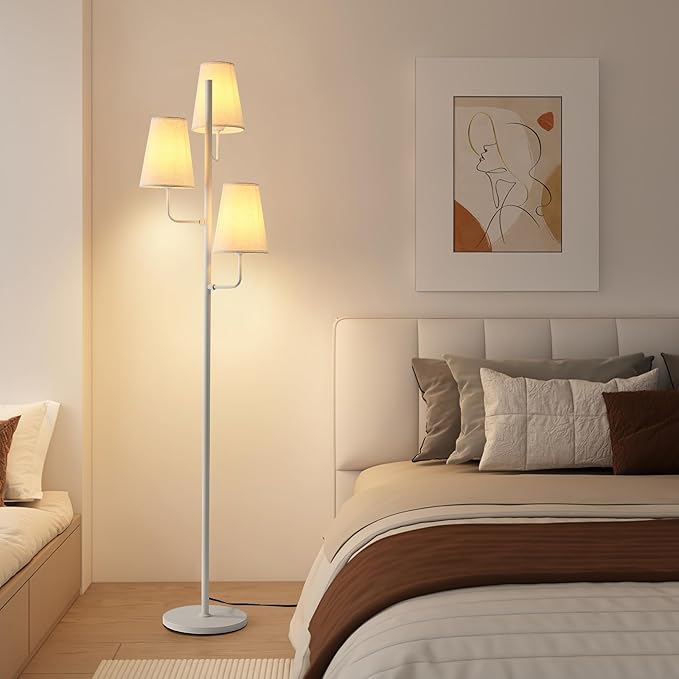 Traditional Floor Lamp for Living Room:3 Light Linen Country Rustic Floor Lamp for Bedroom, White Standing Lamp with Foot Switch, Country Rustic Tall Lamp, No Bulb