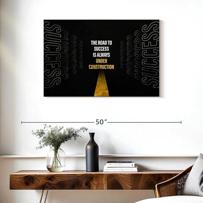 ElephantStock - Work On Your Road To Success Wall Art - Horizontal Canvas Wall Art - Home Office Wall Decor - Digital Art Inspirational And Typography Canvas Art - Black And White Decor - 36" x 24"