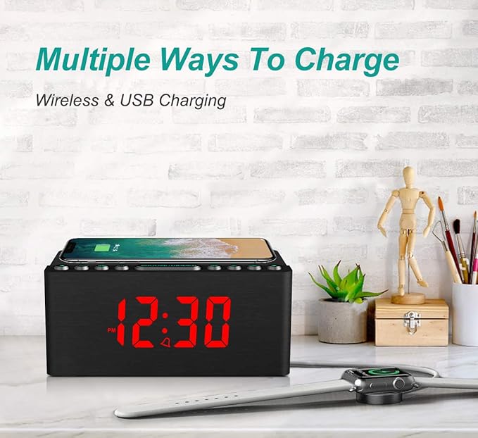 ANJANK Wooden Digital Alarm Clock FM Radio,Qi Certified Fast Wireless Charger Station for iPhone/Samsung,Dimmable LED Display,USB Charging Port,Sleep Timer,Wood Modern Clock for Bedroom Bedside(Black)
