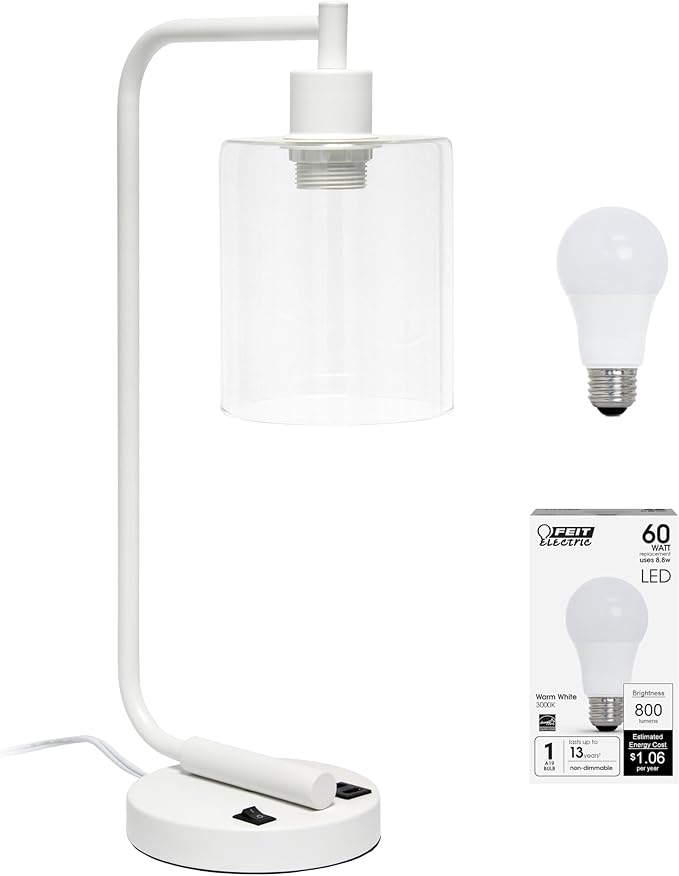 Simple Designs LD1066-WHT-LB Industrial Vintage Bronson Iron Lantern Desk Table Lamp with USB Port and Glass Cylinder Shade for Office, Living Room, Bedroom, White, with Feit LED Bulb Included