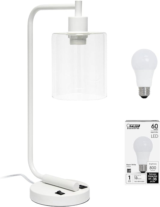 Simple Designs LD1066-WHT-LB Industrial Vintage Bronson Iron Lantern Desk Table Lamp with USB Port and Glass Cylinder Shade for Office, Living Room, Bedroom, White, with Feit LED Bulb Included