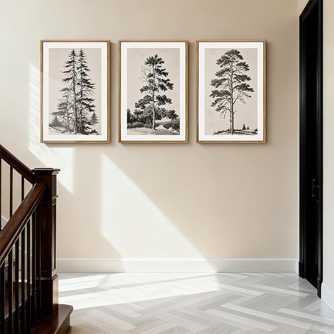 ANHUIB Vintage Tree Sketch Framed Canvas Wall Art 24x36 Inch Neutral Wilderness Forest Paintings Retro Botanical Wall Decor Set of 3 Black and White Landscape Prints for Living Room Bedroom Office