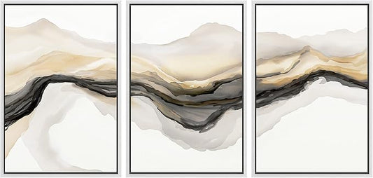 SIGNWIN Framed Canvas Print Wall Art Set Gold Gray Smoke Wave Landscape Abstract Shapes Illustrations Modern Art Decorative Contemporary Colorful for Living Room, Bedroom, Office - 16"x24"x3 White