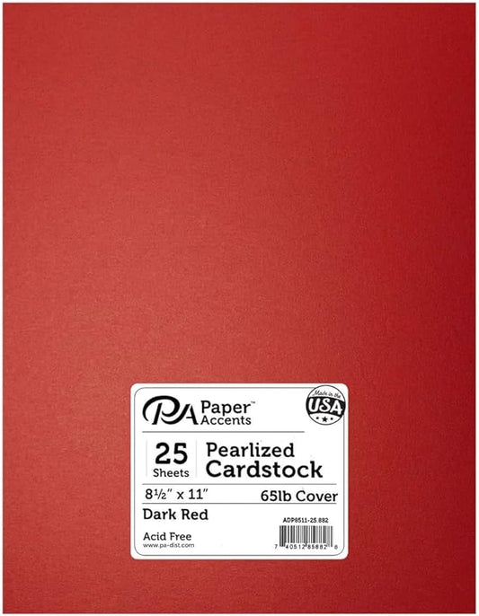 PA Paper Accents Pearlized Cardstock 8.5" x 11" Dark Red, 65lb Colored cardstock Paper for Card Making, Scrapbooking, Printing, Quilling and Crafts, 25 piece Pack