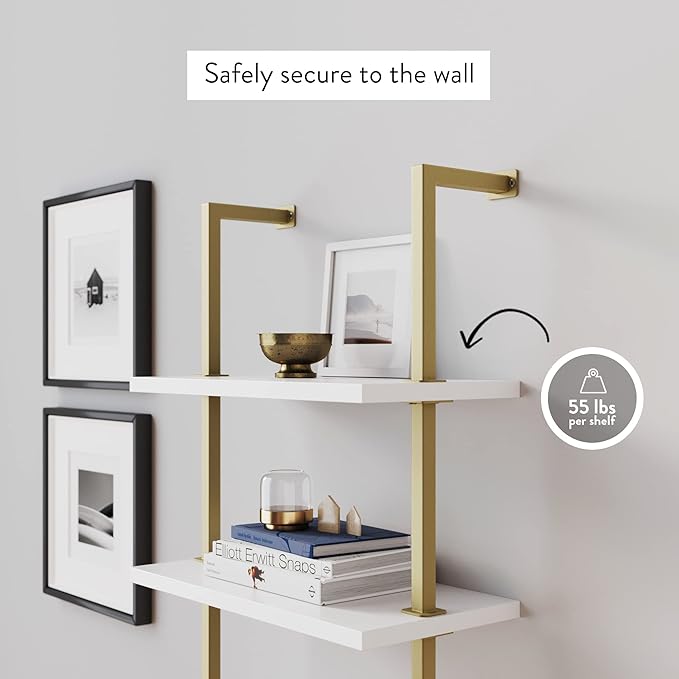 Nathan James Theo 5-Shelf Gold, Ladder Bookcase with Gold/Brass Metal Frame, White, Set of 3