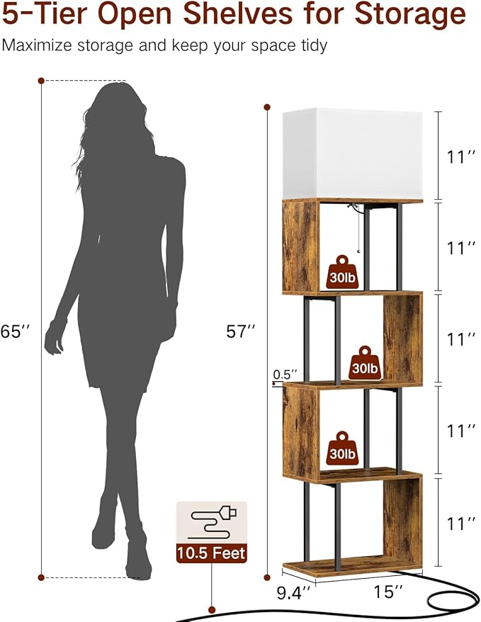 5-Tier Floor Lamp with Shelves & Remote, Dimmable S-Shaped Bookshelf with 3 Color Temperature, 1-Hour Timer, Tall Corner Standing Lamp for Living Room, Bedroom, Office (Rustic Brown)