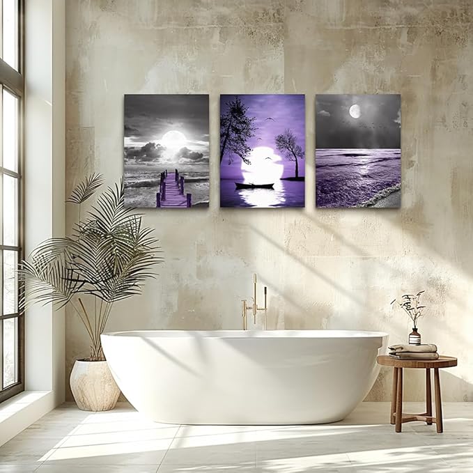 Canvas Wall Art For Living Room Large Size Wall Decorations For Office Artwork Wall Painting Bedroom Wall Decor Black And White Ocean Purple Landscape Modern Family Posters 3 Piece Framed Home Decor