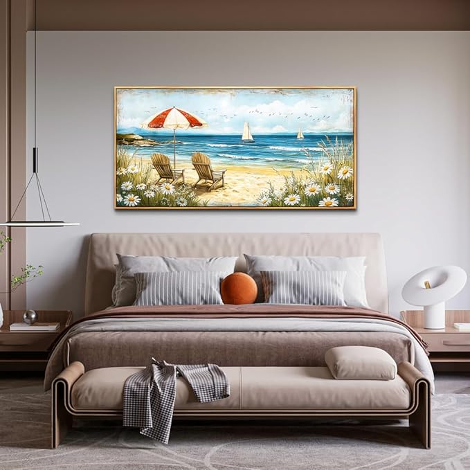 ERQINHUA Large Wall Decor Canvas Painting Wall Art For Living Room Decoration Blue Seaside Landscape Painting Bedroom Print Artwork Picture For Dining Room Bathroom Home Decor Wood Frame 24x48 In
