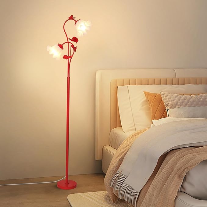 HMVPL Red Floor Lamp for Living Room, Flower Standing Lamp with 2 LED 5W Blubs, Foot Switch, Floral Tall Lamp with Acrylic Shade, Antique Lotus Flower Floor Lamp for Living Room Office Reading
