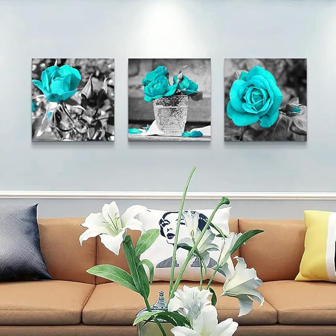 DZRWUBHS Large Canvas Wall Art For Bedroom 3 Piece Wall Decor For Living Room Black And White Paintings Flowers Pictures Blue Rose Canvas Prints Ready To Hang Room For Girls Home Decoration 16x16in