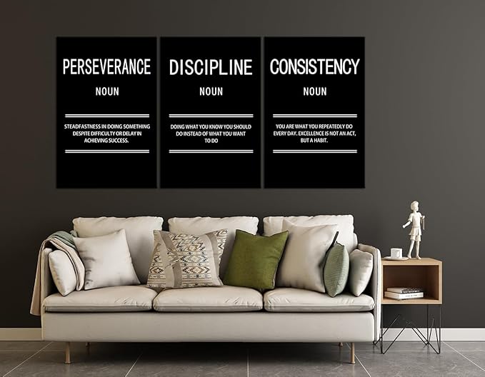 3 Panel Inspirational Canvas Perseverance Discipline Consistency Print Wall Art Motivational Poster Painting Modern Inspiring Artwork for Home Living Room Office Decor Ready to Hang [72''Wx 36''H]