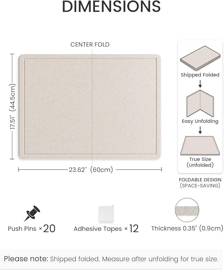 Fluxynara Bulletin Board, 23.6" x 17.5" Cork Board Alternative with 12 Safe Removable Adhesive Tabs, Foldable Felt Pin Board for Home Office, Classroom, Bedroom,Entryway for Walls— Oatmeal