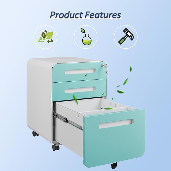 3 Drawer Mobile File Cabinet with Lock, Under Desk Storage Filing Cabinet for Home Office, Small Rolling File Cabinet for Legal, Letter and A4 Files (White+Green)