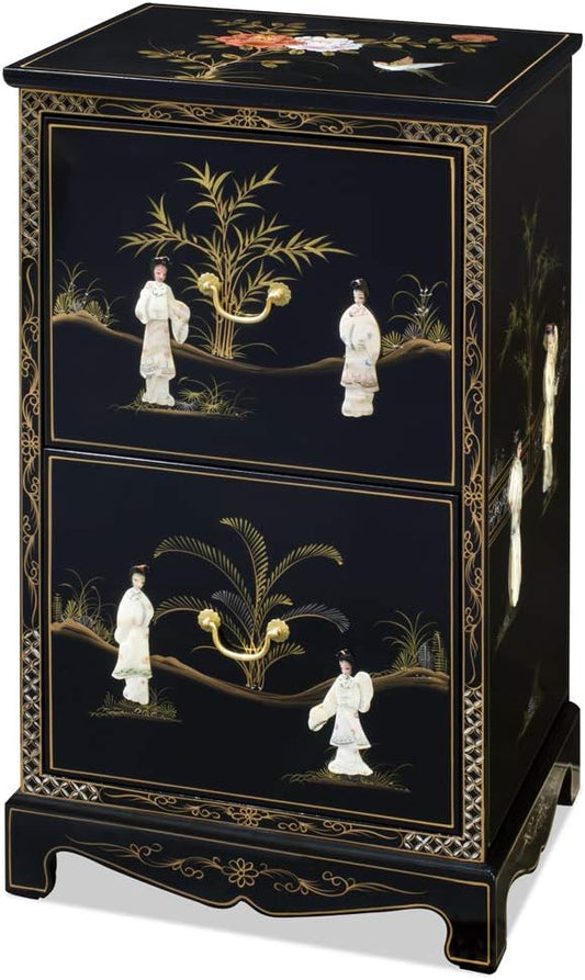 ChinaFurnitureOnline Black Lacquer Mother of Pearl 2 Drawer Oriental File Cabinet