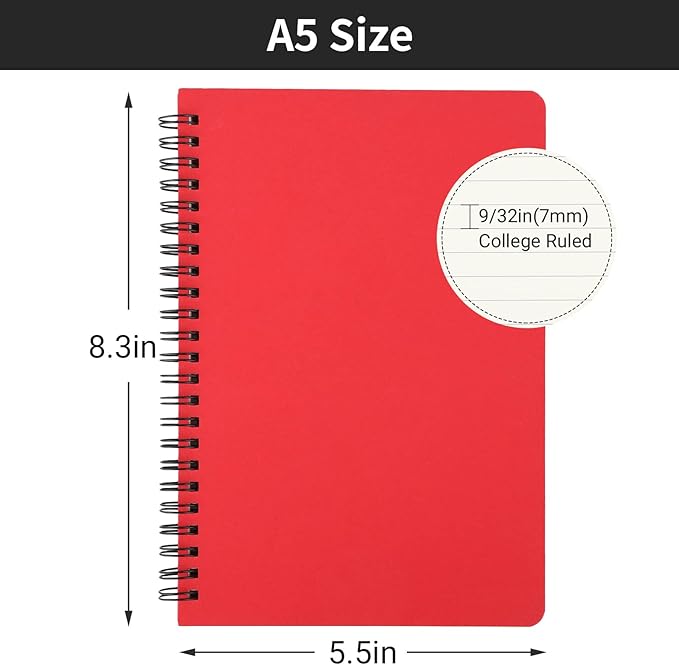 EUSOAR Spiral Lined Notebook, A5 3packs 5.5"X8.3" 120 Pages Lined Travel Writing Journal, Memo Notepad Sketchbook, Students College Office Business Subject Diary Ruled Spiral Book Journal-Red Cover