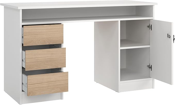 Tvilum Function Plus Computer Desk with Storage Cabinet, 3 Handle-Free Drawers, Two-Tone White and Oak Color Finish