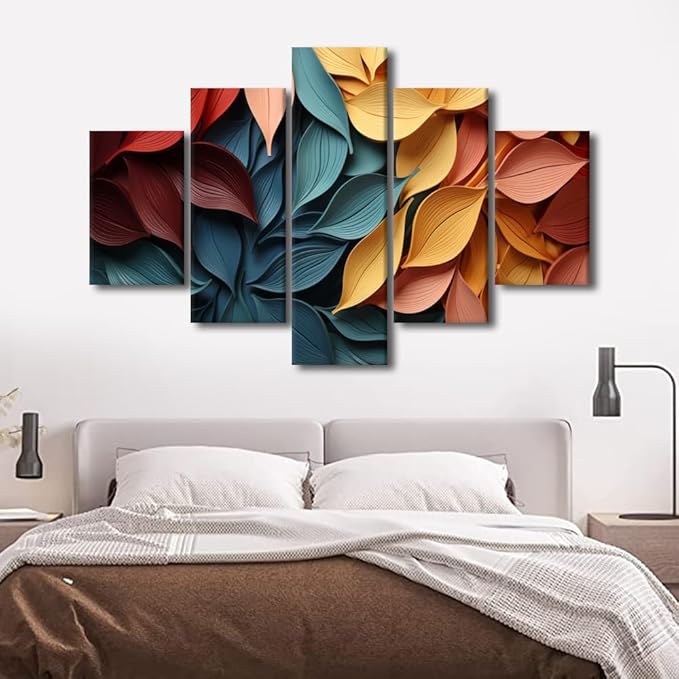 Canvas Wall Art for Lady Modern Living Room Decor 5 Panel Abstract Wall Art Colorful Autumn Leaves Poster Prints on Canvas for Men Office Bedroom Decor Stretched and Framed Ready to Hang 60x40 in