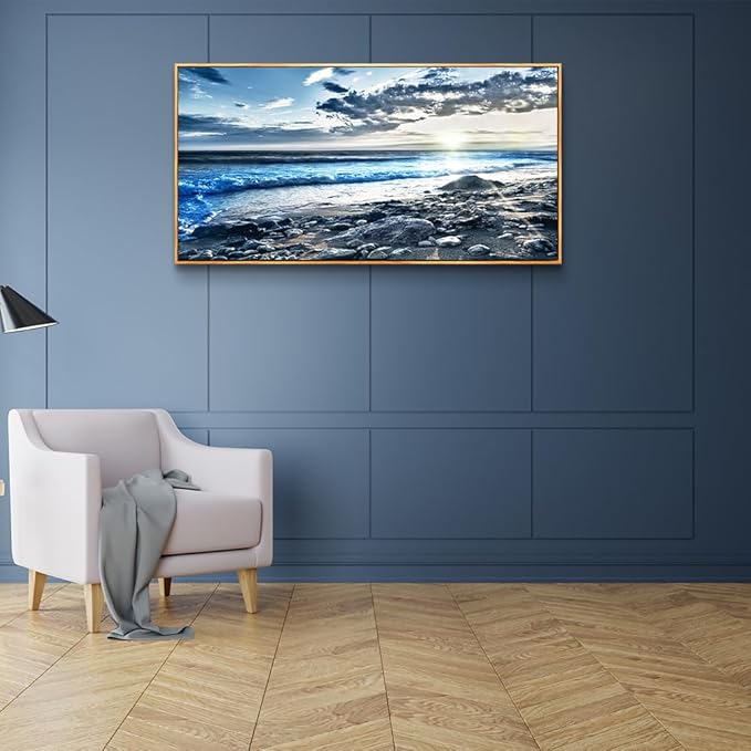 Lapremoly Blue Beach Sun Ocean Landscape Painting Large Wall Art For Living Room Wood Framed Wall Decor For Bedroom Modern Office Decor Canvas Prints Artwork Seascape Hang Pictures Home Decoration