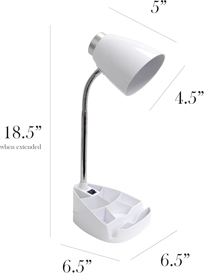 Simple Designs LD1067-WHT Compartmental Desk Lamp with iPhone/iPad/Tablet Stand, Bendable Gooseneck, for Office, Living Room, Nightstand, Library, Entryway, White
