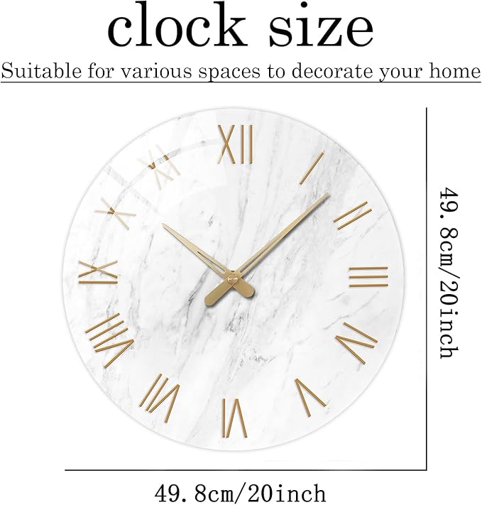 Large White Marble Wall Clocks Battery Operated 20 Inch Modern Analog Glass Wall Clocks for Living Room Office Dinning Room Silent Non Ticking Wall Clock