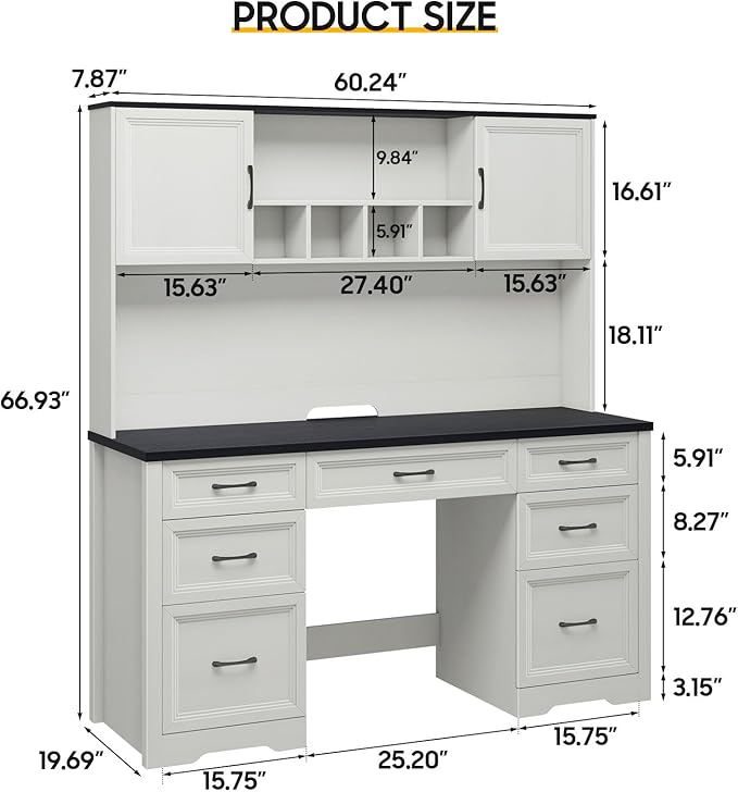 Farmhouse Executive Desk with 7 Drawers and Storage Cabinet, Rustic Large Home Writing Desk with Hutch, Workstation for Bedroom, Black