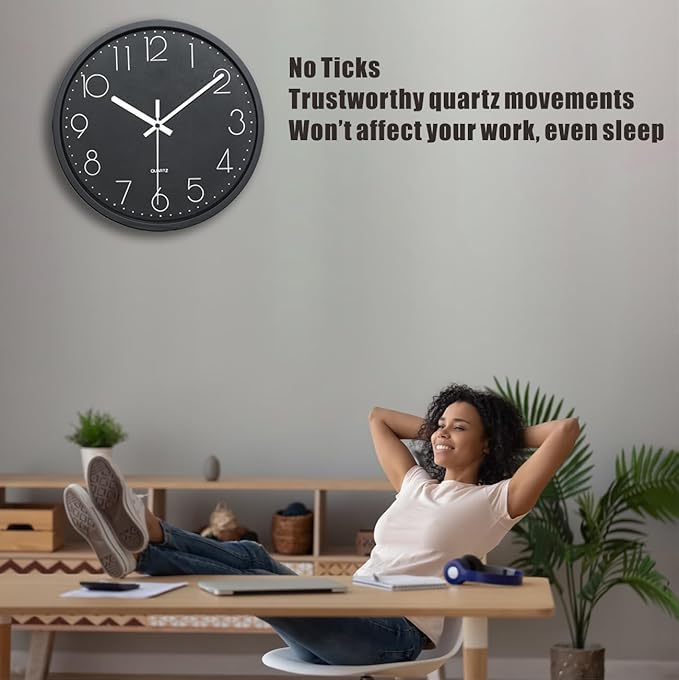Plumeet Wall Clock, 12'' Bedroom Wall Clocks Battery Operated, Silent Quartz Clock Decorate Kitchen Living Room, 3D Numbers Display Easy to Read, Black
