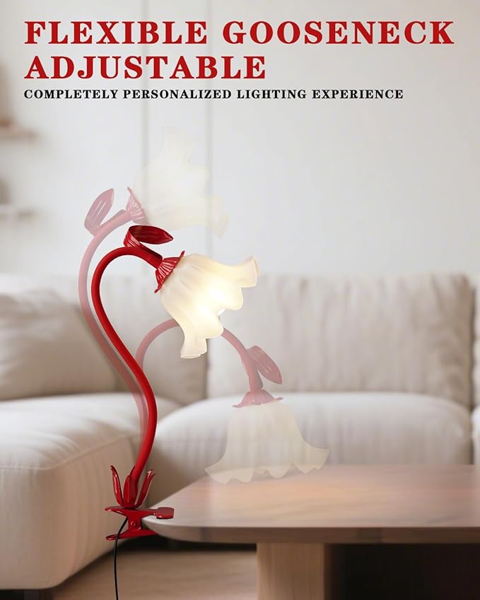 Flower Lamp Clip on Light, 3 Color Modes Eye-Caring Desk Lamp with Clamp, Dorm Room Essentials, Flexible Neck Reading Clamp Lamps for College Bedside Bookshelf Studying Room (Red)