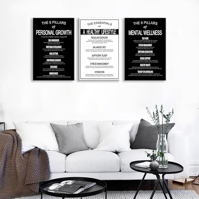 WYJDFART 3 Piece Motivational Wall Art of Personal Growth, Mental Wellness & Healthy Lifestyle Essentials - Inspirational Posters for Office Bedroom Gym Self Care & Mental Health Decor[48''Wx 24''H]