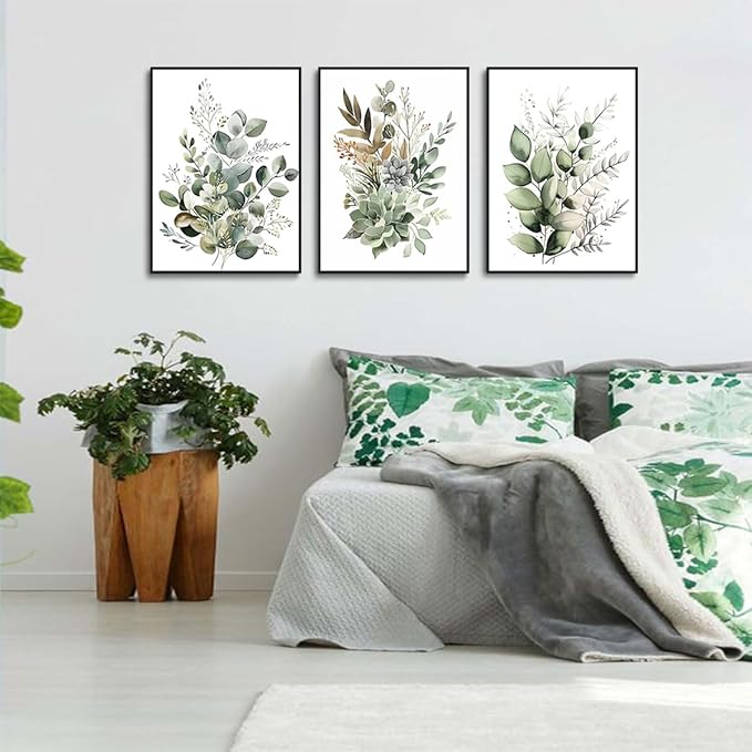 Bwodke Botanical Wall Art Plant Floral Watercolor Canvas Prints Set of 3 Framed Sage Green Painting Eucalyptus Leaf Picture Modern Minimalist Boho Decor Bedroom Bathroom Living Room 16"x24"