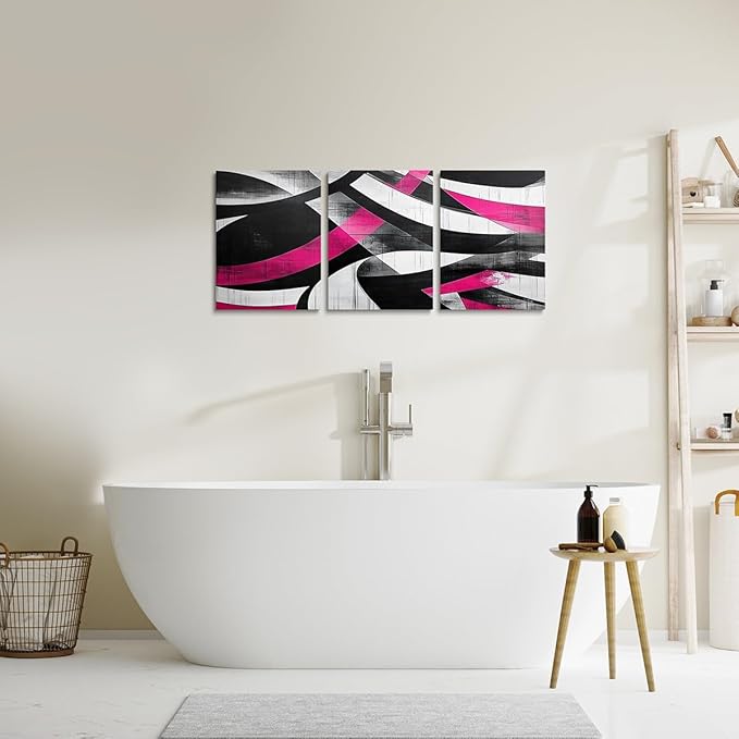 jejeloiu Kids Abstract Art 3 Piece Canvas Wall Art for Living Room Bedroom 12"x16"x3pcs Geometric Office Decorations Artwork Posters Hot Pink Modern Art Picture Wall Decor for Home Decor Bathroom