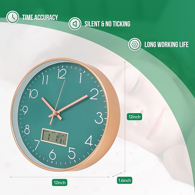 Wall Clock with LCD Display Non-Ticking Silent Quartz Movement Decor Clock with Perpetual Calendar and Temperature Modern Style Round Wall Clocks for Office/Living Room/Bedroom(Green, 12inch)