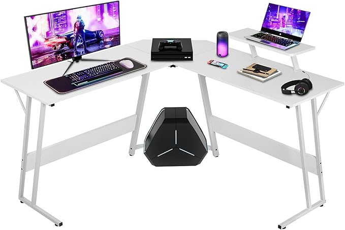 NChanmar L Shaped Gaming Desk with Monitor Riser Stand, Home Office Corner Desk for Studying, Working and Gaming, Large Desktop, White