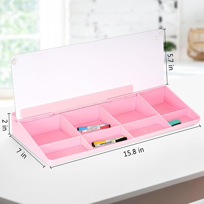DOLLAR BOSS Glass Desk Whiteboard Small Dry Erase Board Desktop White Board with Storage Drawer Computer Keyboard Stand Desk Organizer Office Accessories School Supplies with 4 Markers 1 Eraser, Pink