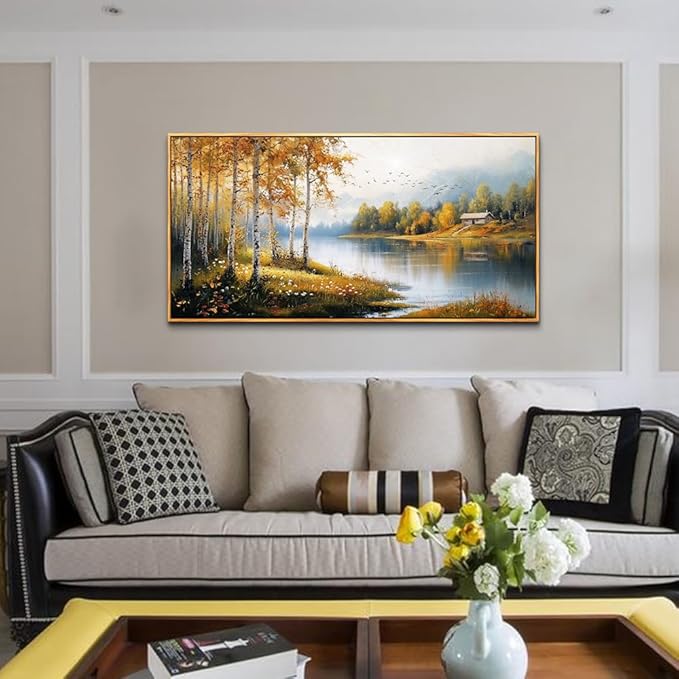 ERQINHUA Large Canvas Wood Framed Wall Art Living Room Wall Decor For Bedroom Forest Landscape Painting Lakeside Watercolour Wall Pictures Artwork Picture Office Farmhouse Home Decorations 24x48 In