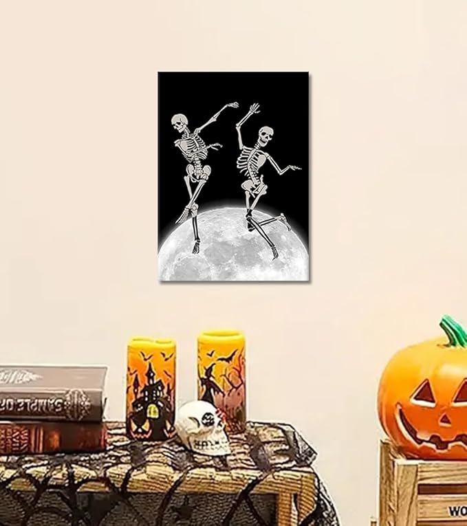 Skull Wall Art - Creative Skeletons Dancing on the Moon Canvas Prints Unique Gothic Wall Decor Funny Dark Humor Poster Spooky Home Decoration for Living Room Bedroom Office, Framed 12x16 in