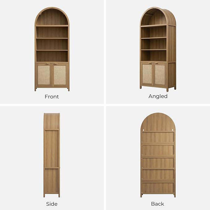 SICOTAS Book Shelf Arched Cabinet Bookshelf Arch 84.2" Tall Bookcase 5 Tier Large Bookshelves with Doors Storage Rattan Boho Wide Book Shelves Case for Living Room Kitchen Office Bedroom Library