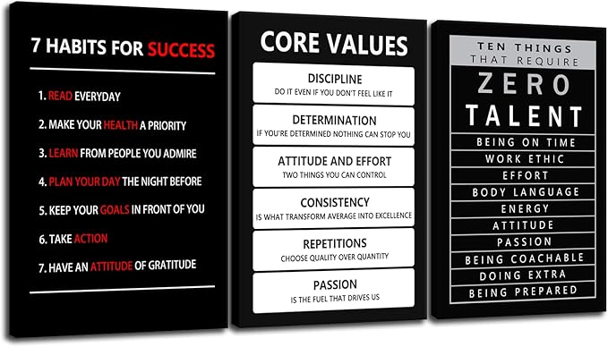 Core Values Motivational Canvas Wall Art 3 Pieces Poster Inspirational Ten Things That Require Zero Talent Canvas Artwork Picture Print Framed for Home Office Living Room Gym Wall Decor [72''Wx 36''H]