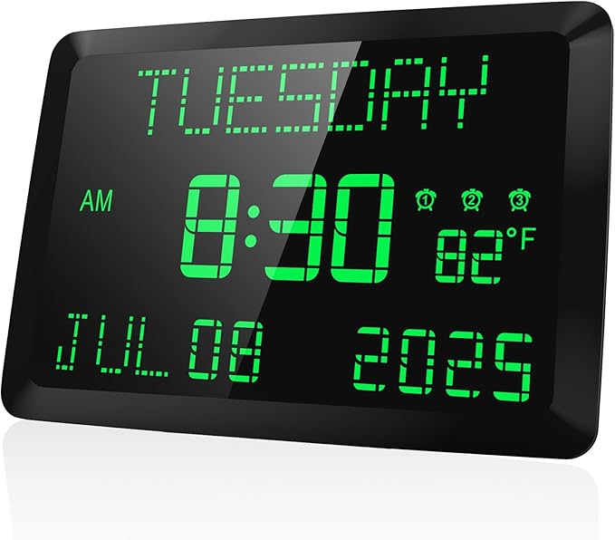 Raynic Day Clock, 11.5" Large Display Calendar Clock with Day and Date, Indoor Temperature, Adjustable Brightness, Snooze,12/24H, DST for Home, Office, Elderly