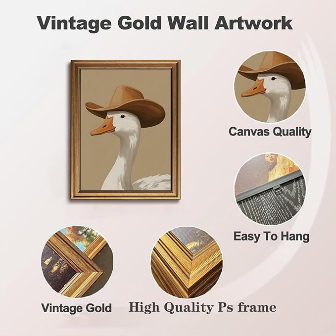 Gold Framed Wall Art Vintage Canvas Wall Art Trendy Cowboy Duck Modern Maximalist Artwork Prints Picture for Living Room Bedroom Farmhouse Bathroom Office Decor, 16x24