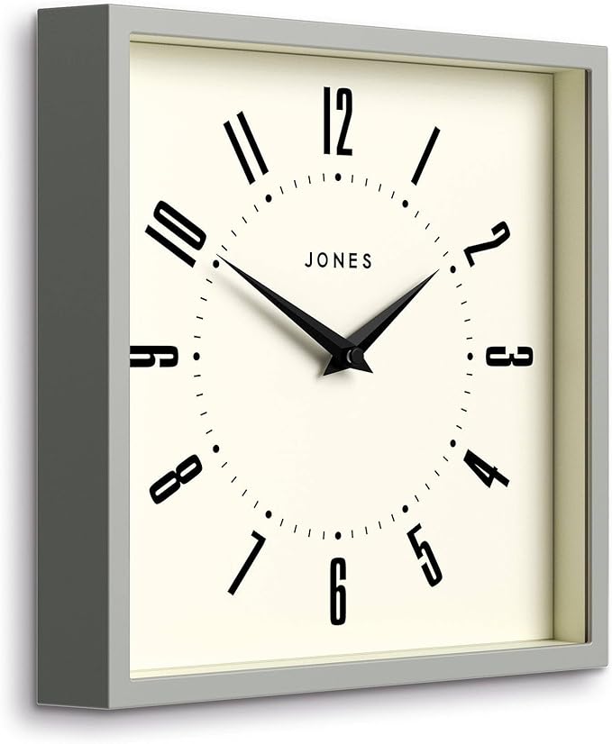 JONES CLOCKS® Box wall Clock | Retro Square | 10 inch | Gray | Easy to Read Numbers | Perfect Kitchen or Office Clock