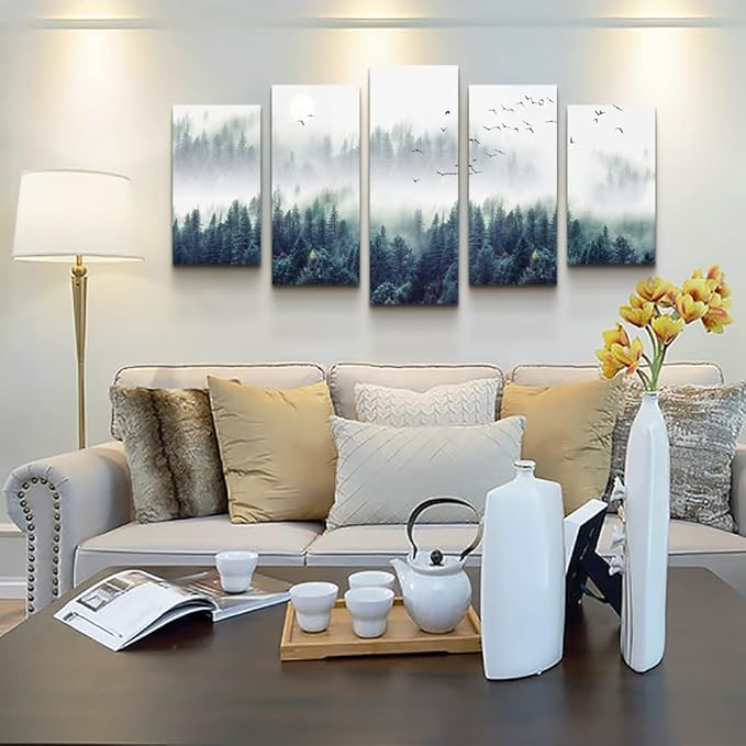 Canvas Wall Art For Living Room Wall Decorations For Bedroom Modern Office Wall Decor Foggy Forest Trees Landscape Painting Stretched And Framed Ready To Pictures Home Decor 5 Piece Set W40” x H20”