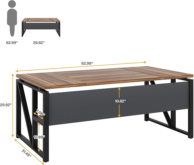Tribesigns 63 inches Computer Desk with Bottom Storage Shelf Home Office Desk Writing Table for Workstation, Dark Walnut + Steel Leg, Cabinet not Included (Walnul, 63-inch-with Shelf)