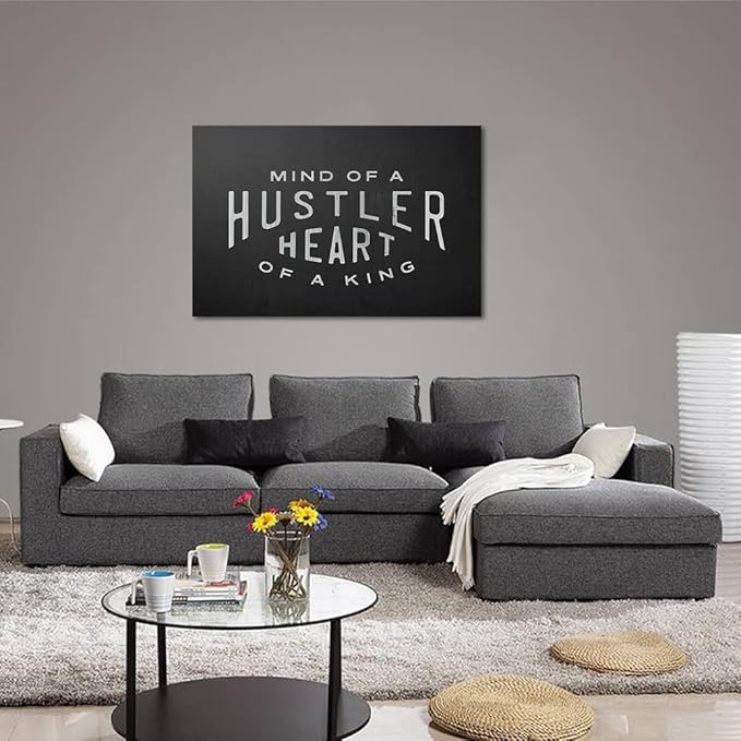Mind Of A Hustler Heart Of A King - Inspirational Contemporary Entrepreneur Quotes Canvas Wall Art Black and White Motivational Framed Artwork HD Print Easy to Hang-44x28 inches
