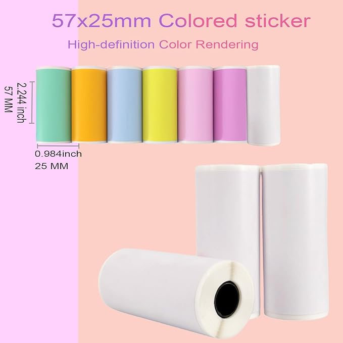 57x25mm Thermal Sticker Paper, 10 Rolls for Mini Thermal Printers – Colorful Self-Adhesive Labels, Compatible with Mini Printers & Label Makers, for DIY, Office, Kids' Cameras