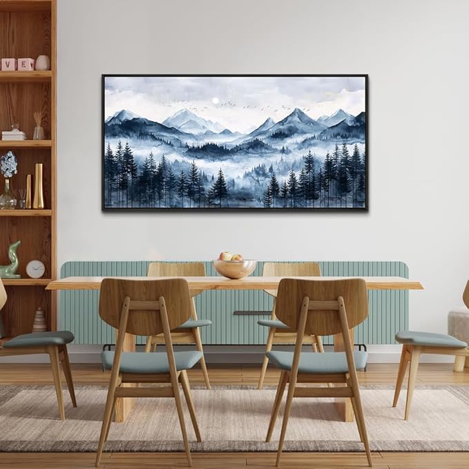ERQINHUA Black Framed Canvas Wall Art For Bedroom Large Wall Decorations For Living Room Modern Office Mural Misty and Fog Forest Painting Mountain Landscape Pictures Artworks Home Decor 20x40 In